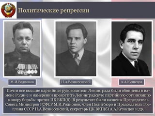 Почти все высшие партийные руководители Ленинграда были обвинены в из-
мене Родине и намерении превратить Ленинградскую партийную организацию
в опору борьбы против ЦК ВКП(б). В результате были казнены Председатель
Совета Министров РСФСР М.И.Родионов, член Политбюро и Председатель Гос-
плана СССР Н.А.Вознесенский, секретарь ЦК ВКП(б) А.А.Кузнецов и др.
Политические репрессии
А.А.КузнецовН.А.ВознесенскийМ.И.Родионов
 