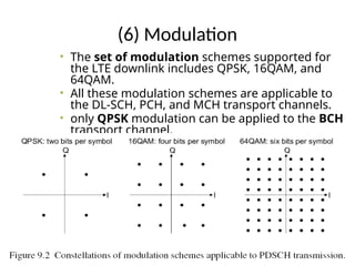 (6) Modulation
• The set of modulation schemes supported for
the LTE downlink includes QPSK, 16QAM, and
64QAM.
• All these modulation schemes are applicable to
the DL-SCH, PCH, and MCH transport channels.
• only QPSK modulation can be applied to the BCH
transport channel.
 