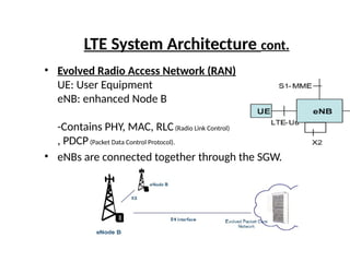 LTE System Architecture cont.
• Evolved Radio Access Network (RAN)
UE: User Equipment
eNB: enhanced Node B
-Contains PHY, MAC, RLC(Radio Link Control)
, PDCP(Packet Data Control Protocol).
• eNBs are connected together through the SGW.
 