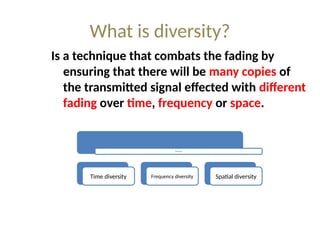 What is diversity?
Is a technique that combats the fading by
ensuring that there will be many copies of
the transmitted signal effected with different
fading over time, frequency or space.
Diversity types
Time diversity Frequency diversity Spatial diversity
 