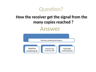 Question?
How the receiver get the signal from the
many copies reached ?
Answer
Diversity combining techniques
Selective
combining SC
Maximal ratio
combining MRC
Equal gain
combining EGC
 