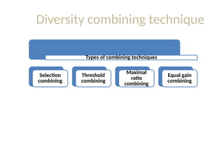 Diversity combining technique
Types of combining techniques
Selection
combining
Threshold
combining
Maximal
ratio
combining
Equal gain
combining
 