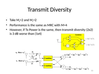 Transmit Diversity
• Take Mt=2 and Mr=2
• Performance is the same as MRC with M=4
• However, if Tx Power is the same, then transmit diversity (2x2)
is 3 dB worse than (1x4)
53
 