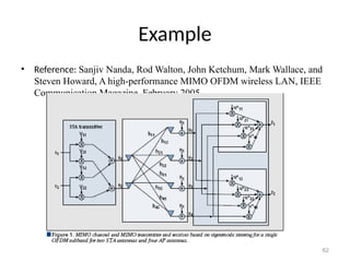 Example
• Reference: Sanjiv Nanda, Rod Walton, John Ketchum, Mark Wallace, and
Steven Howard, A high-performance MIMO OFDM wireless LAN, IEEE
Communication Magazine, February 2005
62
 
