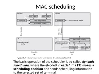 MAC scheduling
The basic operation of the scheduler is so-called dynamic
scheduling, where the eNodeB in each 1 ms TTI makes a
scheduling decision and sends scheduling information
to the selected set of terminal.
 