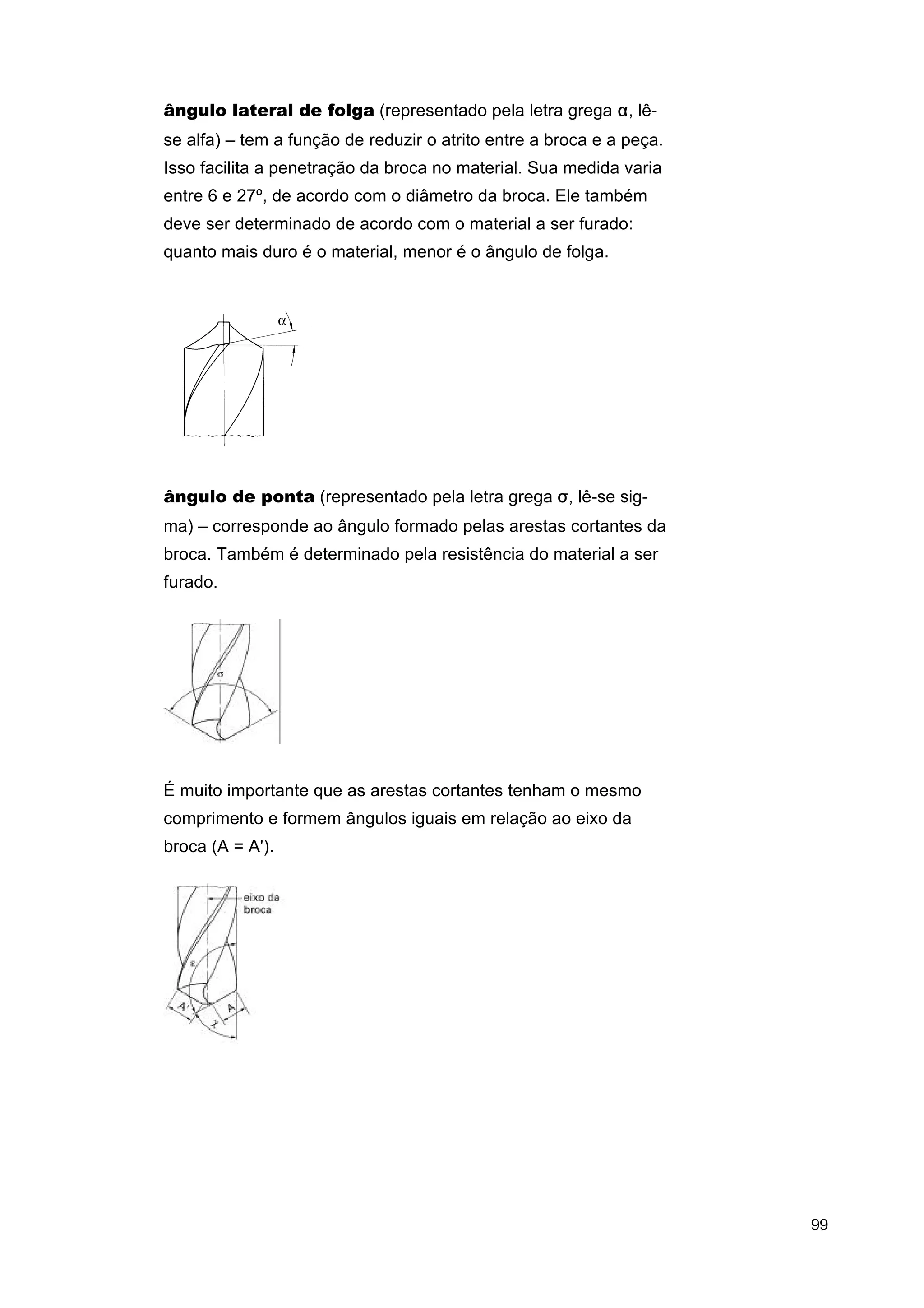 ângulo lateral de folga (representado pela letra grega α, lêse alfa) – tem a função de reduzir o atrito entre a broca e a peça.
Isso facilita a penetração da broca no material. Sua medida varia
entre 6 e 27º, de acordo com o diâmetro da broca. Ele também
deve ser determinado de acordo com o material a ser furado:
quanto mais duro é o material, menor é o ângulo de folga.

ângulo de ponta (representado pela letra grega σ, lê-se sigma) – corresponde ao ângulo formado pelas arestas cortantes da
broca. Também é determinado pela resistência do material a ser
furado.

É muito importante que as arestas cortantes tenham o mesmo
comprimento e formem ângulos iguais em relação ao eixo da
broca (A = A').

99

 