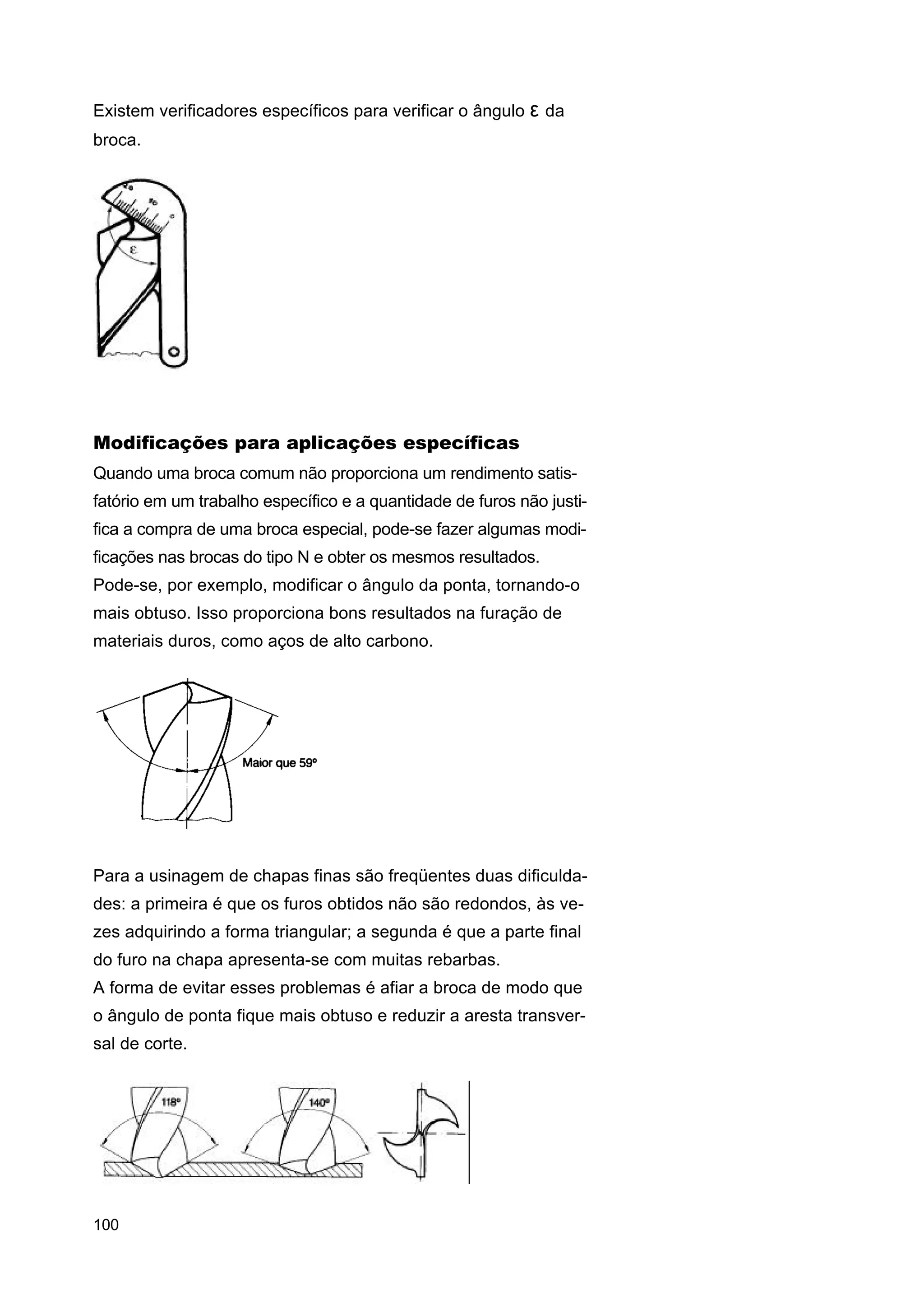 Existem verificadores específicos para verificar o ângulo ε da
broca.

Modificações para aplicações específicas
Quando uma broca comum não proporciona um rendimento satisfatório em um trabalho específico e a quantidade de furos não justifica a compra de uma broca especial, pode-se fazer algumas modificações nas brocas do tipo N e obter os mesmos resultados.
Pode-se, por exemplo, modificar o ângulo da ponta, tornando-o
mais obtuso. Isso proporciona bons resultados na furação de
materiais duros, como aços de alto carbono.

Para a usinagem de chapas finas são freqüentes duas dificuldades: a primeira é que os furos obtidos não são redondos, às vezes adquirindo a forma triangular; a segunda é que a parte final
do furo na chapa apresenta-se com muitas rebarbas.
A forma de evitar esses problemas é afiar a broca de modo que
o ângulo de ponta fique mais obtuso e reduzir a aresta transversal de corte.

100

 