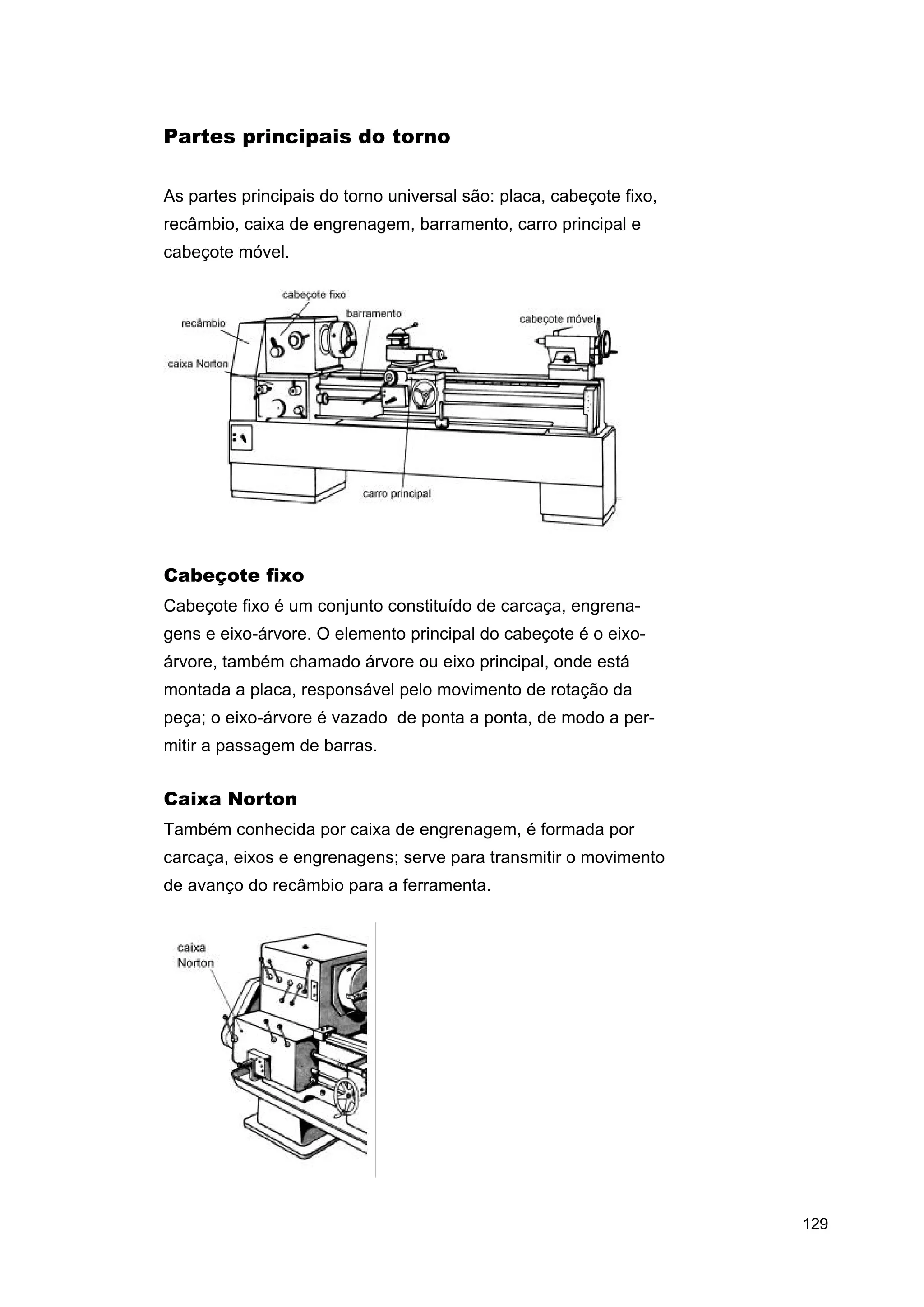 Partes principais do torno
As partes principais do torno universal são: placa, cabeçote fixo,
recâmbio, caixa de engrenagem, barramento, carro principal e
cabeçote móvel.

Cabeçote fixo
Cabeçote fixo é um conjunto constituído de carcaça, engrenagens e eixo-árvore. O elemento principal do cabeçote é o eixoárvore, também chamado árvore ou eixo principal, onde está
montada a placa, responsável pelo movimento de rotação da
peça; o eixo-árvore é vazado de ponta a ponta, de modo a permitir a passagem de barras.

Caixa Norton
Também conhecida por caixa de engrenagem, é formada por
carcaça, eixos e engrenagens; serve para transmitir o movimento
de avanço do recâmbio para a ferramenta.

129

 