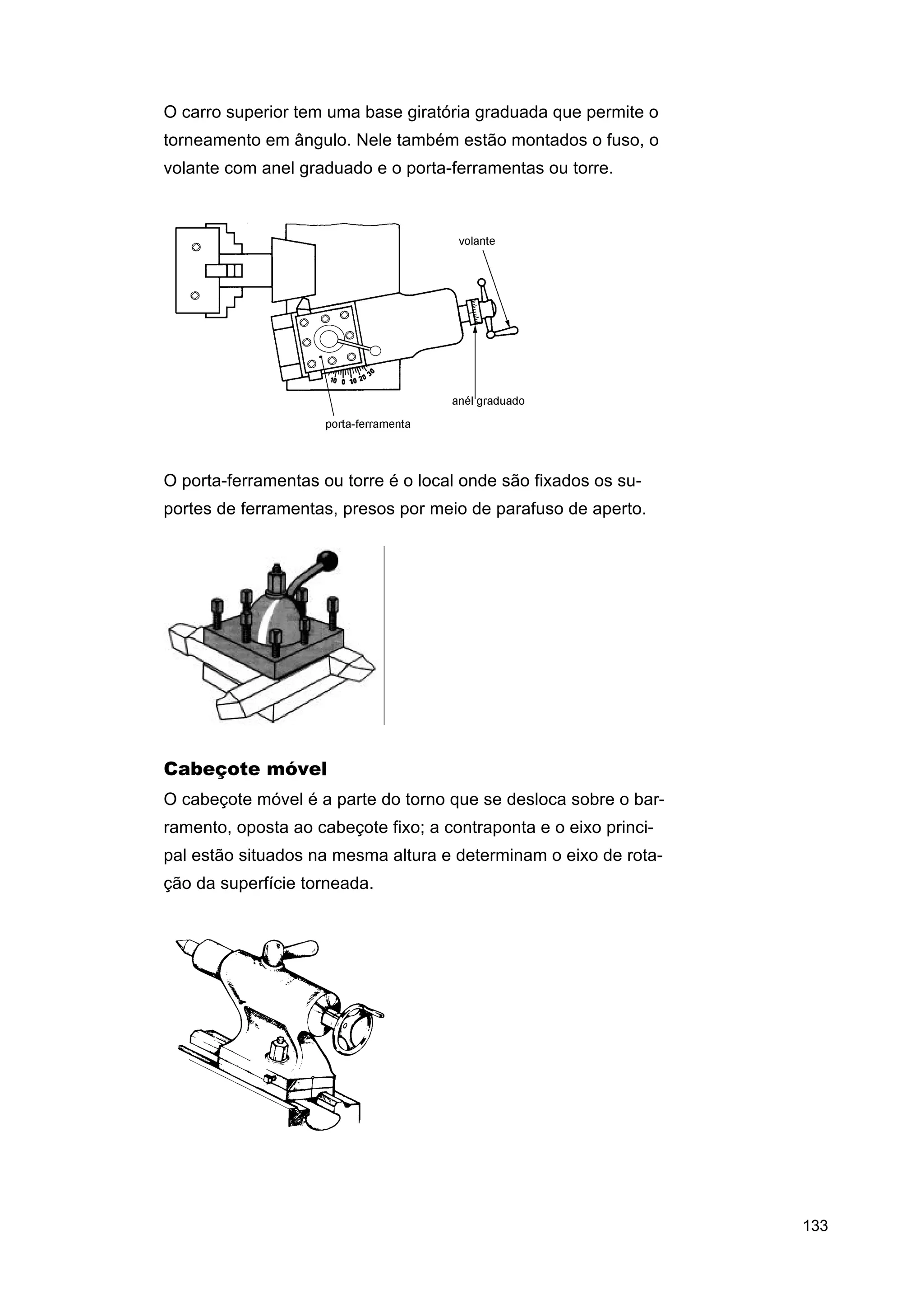 O carro superior tem uma base giratória graduada que permite o
torneamento em ângulo. Nele também estão montados o fuso, o
volante com anel graduado e o porta-ferramentas ou torre.

O porta-ferramentas ou torre é o local onde são fixados os suportes de ferramentas, presos por meio de parafuso de aperto.

Cabeçote móvel
O cabeçote móvel é a parte do torno que se desloca sobre o barramento, oposta ao cabeçote fixo; a contraponta e o eixo principal estão situados na mesma altura e determinam o eixo de rotação da superfície torneada.

133

 