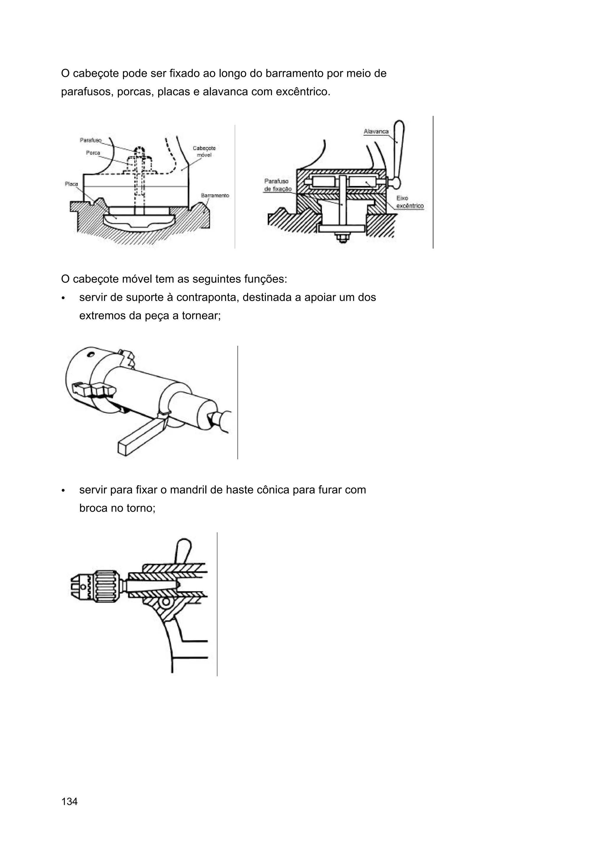 O cabeçote pode ser fixado ao longo do barramento por meio de
parafusos, porcas, placas e alavanca com excêntrico.

O cabeçote móvel tem as seguintes funções:
•

servir de suporte à contraponta, destinada a apoiar um dos
extremos da peça a tornear;

•

servir para fixar o mandril de haste cônica para furar com
broca no torno;

134

 