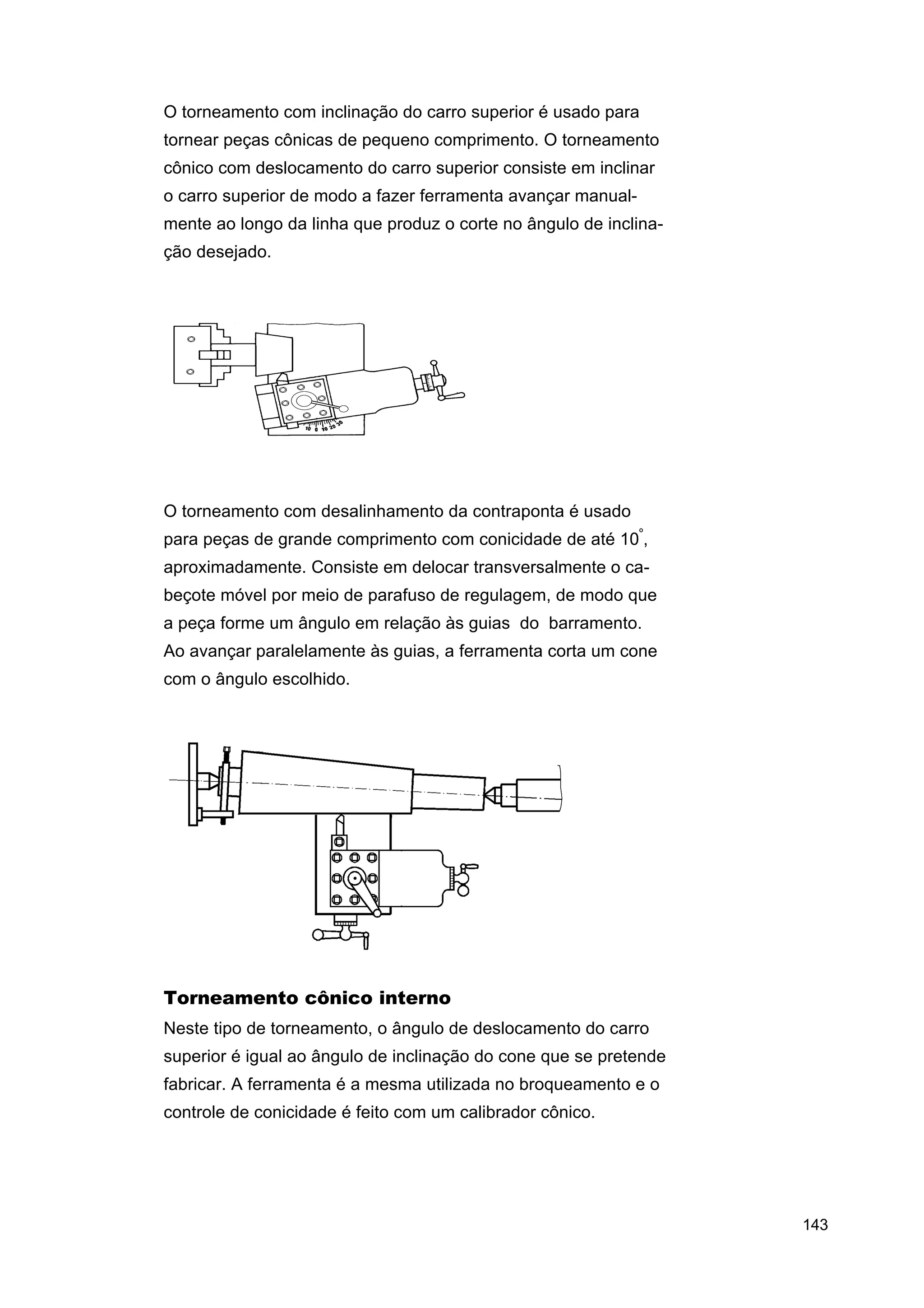 O torneamento com inclinação do carro superior é usado para
tornear peças cônicas de pequeno comprimento. O torneamento
cônico com deslocamento do carro superior consiste em inclinar
o carro superior de modo a fazer ferramenta avançar manualmente ao longo da linha que produz o corte no ângulo de inclinação desejado.

O torneamento com desalinhamento da contraponta é usado
para peças de grande comprimento com conicidade de até 10º,
aproximadamente. Consiste em delocar transversalmente o cabeçote móvel por meio de parafuso de regulagem, de modo que
a peça forme um ângulo em relação às guias do barramento.
Ao avançar paralelamente às guias, a ferramenta corta um cone
com o ângulo escolhido.

Torneamento cônico interno
Neste tipo de torneamento, o ângulo de deslocamento do carro
superior é igual ao ângulo de inclinação do cone que se pretende
fabricar. A ferramenta é a mesma utilizada no broqueamento e o
controle de conicidade é feito com um calibrador cônico.

143

 