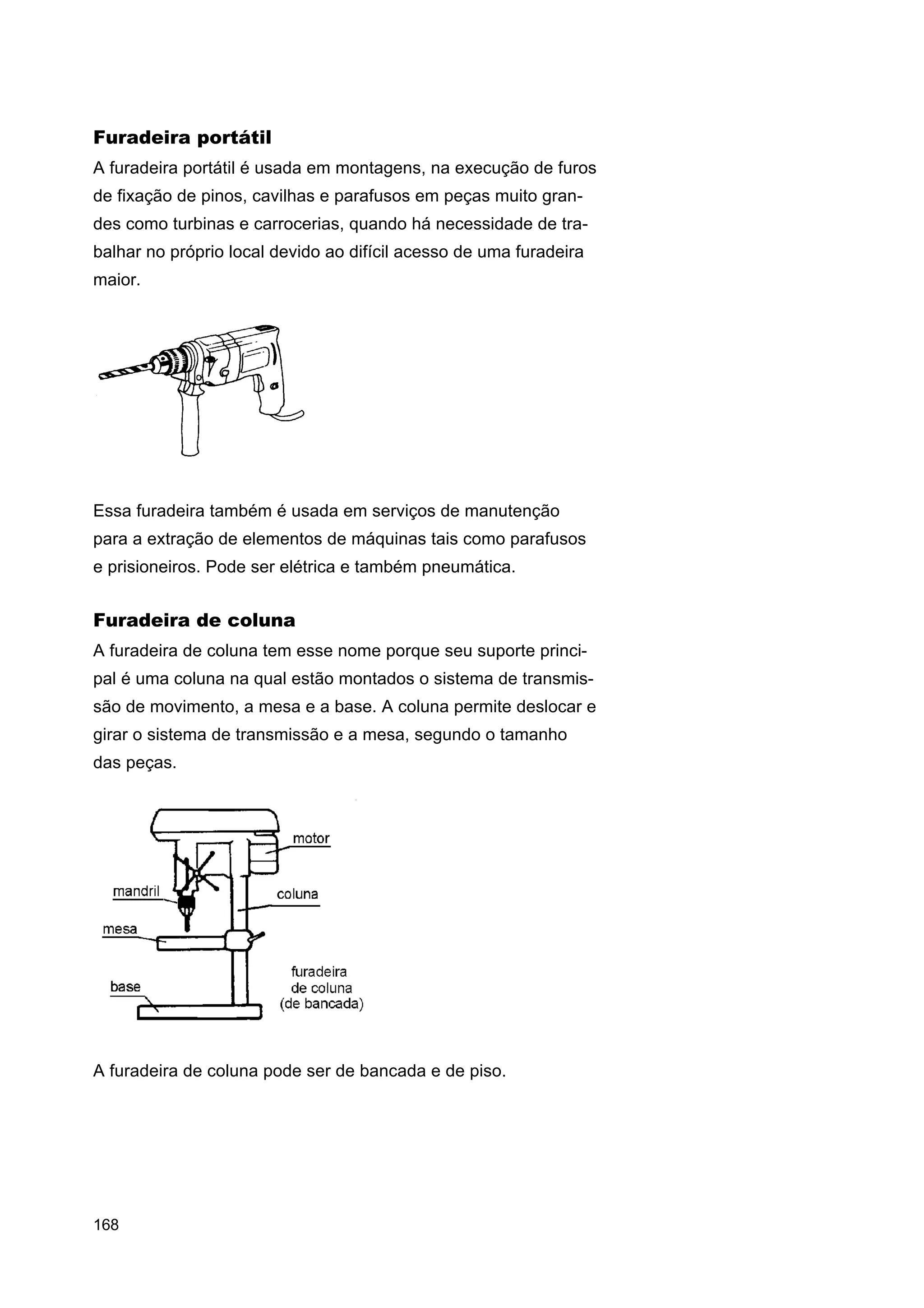 Furadeira portátil
A furadeira portátil é usada em montagens, na execução de furos
de fixação de pinos, cavilhas e parafusos em peças muito grandes como turbinas e carrocerias, quando há necessidade de trabalhar no próprio local devido ao difícil acesso de uma furadeira
maior.

Essa furadeira também é usada em serviços de manutenção
para a extração de elementos de máquinas tais como parafusos
e prisioneiros. Pode ser elétrica e também pneumática.

Furadeira de coluna
A furadeira de coluna tem esse nome porque seu suporte principal é uma coluna na qual estão montados o sistema de transmissão de movimento, a mesa e a base. A coluna permite deslocar e
girar o sistema de transmissão e a mesa, segundo o tamanho
das peças.

A furadeira de coluna pode ser de bancada e de piso.

168

 