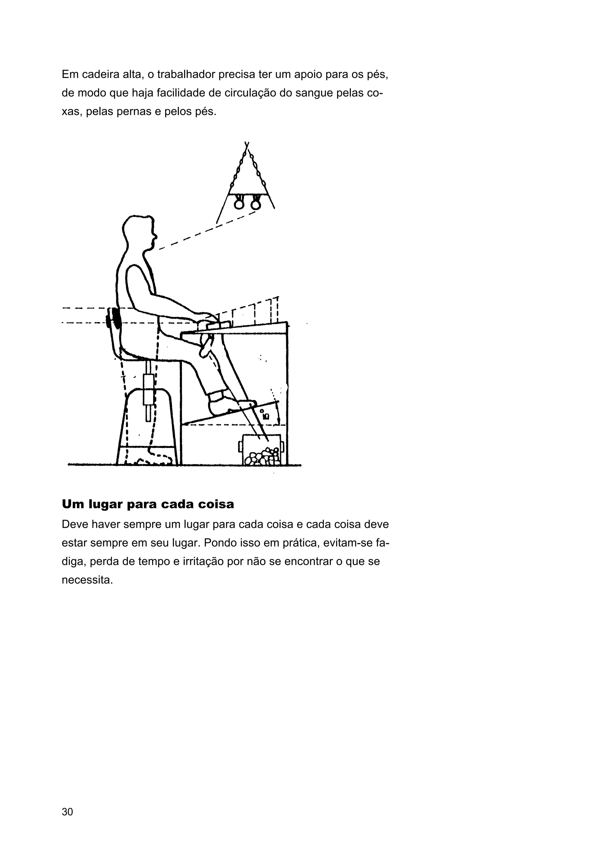 Em cadeira alta, o trabalhador precisa ter um apoio para os pés,
de modo que haja facilidade de circulação do sangue pelas coxas, pelas pernas e pelos pés.

Um lugar para cada coisa
Deve haver sempre um lugar para cada coisa e cada coisa deve
estar sempre em seu lugar. Pondo isso em prática, evitam-se fadiga, perda de tempo e irritação por não se encontrar o que se
necessita.

30

 