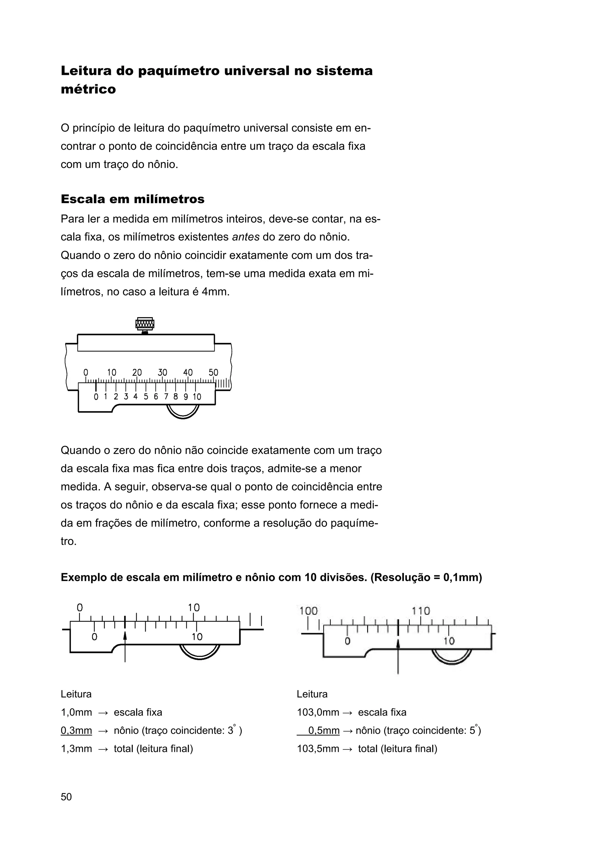 Leitura do paquímetro universal no sistema
métrico
O princípio de leitura do paquímetro universal consiste em encontrar o ponto de coincidência entre um traço da escala fixa
com um traço do nônio.

Escala em milímetros
Para ler a medida em milímetros inteiros, deve-se contar, na escala fixa, os milímetros existentes antes do zero do nônio.
Quando o zero do nônio coincidir exatamente com um dos traços da escala de milímetros, tem-se uma medida exata em milímetros, no caso a leitura é 4mm.

Quando o zero do nônio não coincide exatamente com um traço
da escala fixa mas fica entre dois traços, admite-se a menor
medida. A seguir, observa-se qual o ponto de coincidência entre
os traços do nônio e da escala fixa; esse ponto fornece a medida em frações de milímetro, conforme a resolução do paquímetro.
Exemplo de escala em milímetro e nônio com 10 divisões. (Resolução = 0,1mm)

Leitura

Leitura

1,0mm → escala fixa

103,0mm → escala fixa

0,3mm → nônio (traço coincidente: 3 )
º

1,3mm → total (leitura final)

50

0,5mm → nônio (traço coincidente: 5º)
103,5mm → total (leitura final)

 