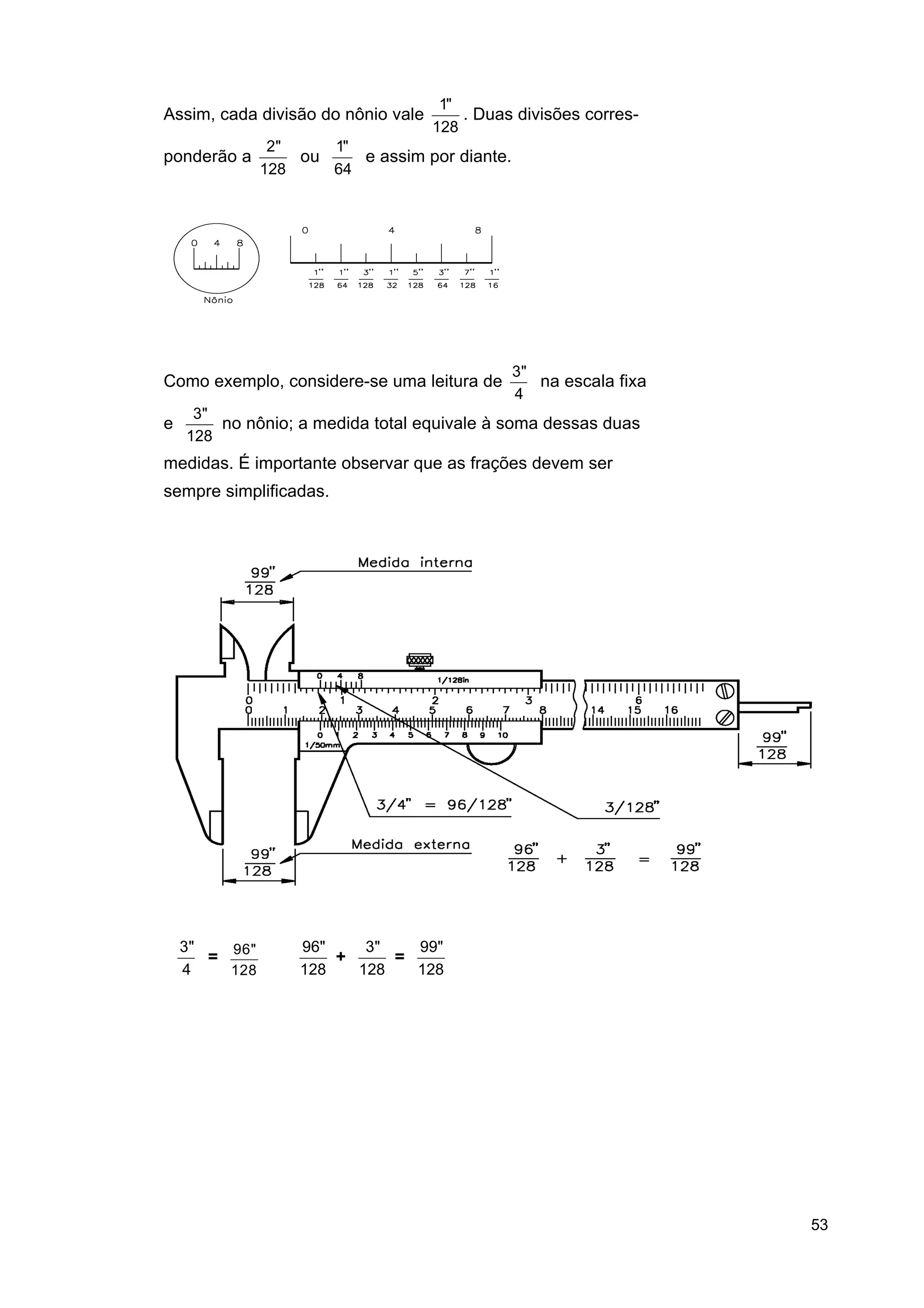 Assim, cada divisão do nônio vale
ponderão a

1"
. Duas divisões corres128

2"
1"
ou
e assim por diante.
128
64

Como exemplo, considere-se uma leitura de
e

3"
na escala fixa
4

3"
no nônio; a medida total equivale à soma dessas duas
128

medidas. É importante observar que as frações devem ser
sempre simplificadas.

3"
= 96 "
4
128

96"
3"
99"
+
=
128
128
128

53

 