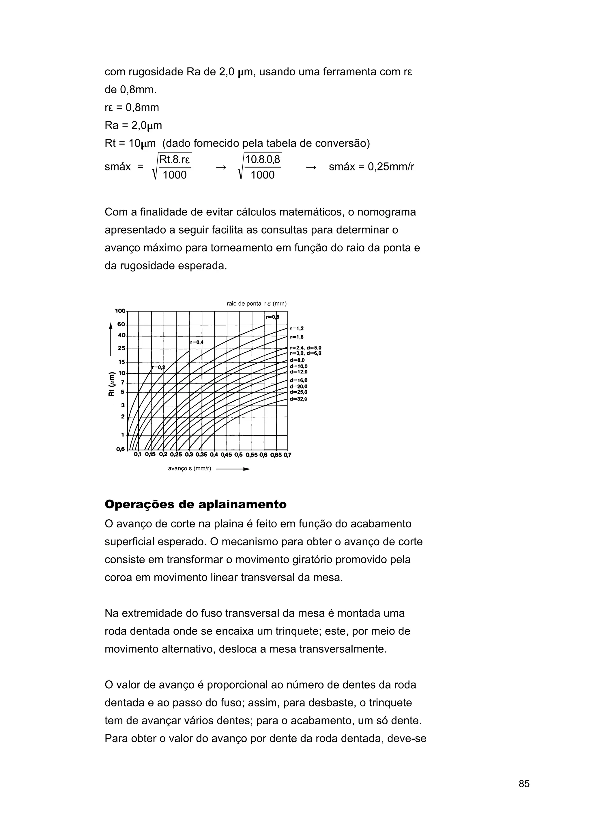 com rugosidade Ra de 2,0 µm, usando uma ferramenta com rε
de 0,8mm.
rε = 0,8mm
Ra = 2,0µm
Rt = 10µm (dado fornecido pela tabela de conversão)
Rt.8. rε
10.8.0,8
smáx =
→
→ smáx = 0,25mm/r
1000
1000
Com a finalidade de evitar cálculos matemáticos, o nomograma
apresentado a seguir facilita as consultas para determinar o
avanço máximo para torneamento em função do raio da ponta e
da rugosidade esperada.

Operações de aplainamento
O avanço de corte na plaina é feito em função do acabamento
superficial esperado. O mecanismo para obter o avanço de corte
consiste em transformar o movimento giratório promovido pela
coroa em movimento linear transversal da mesa.
Na extremidade do fuso transversal da mesa é montada uma
roda dentada onde se encaixa um trinquete; este, por meio de
movimento alternativo, desloca a mesa transversalmente.
O valor de avanço é proporcional ao número de dentes da roda
dentada e ao passo do fuso; assim, para desbaste, o trinquete
tem de avançar vários dentes; para o acabamento, um só dente.
Para obter o valor do avanço por dente da roda dentada, deve-se

85

 