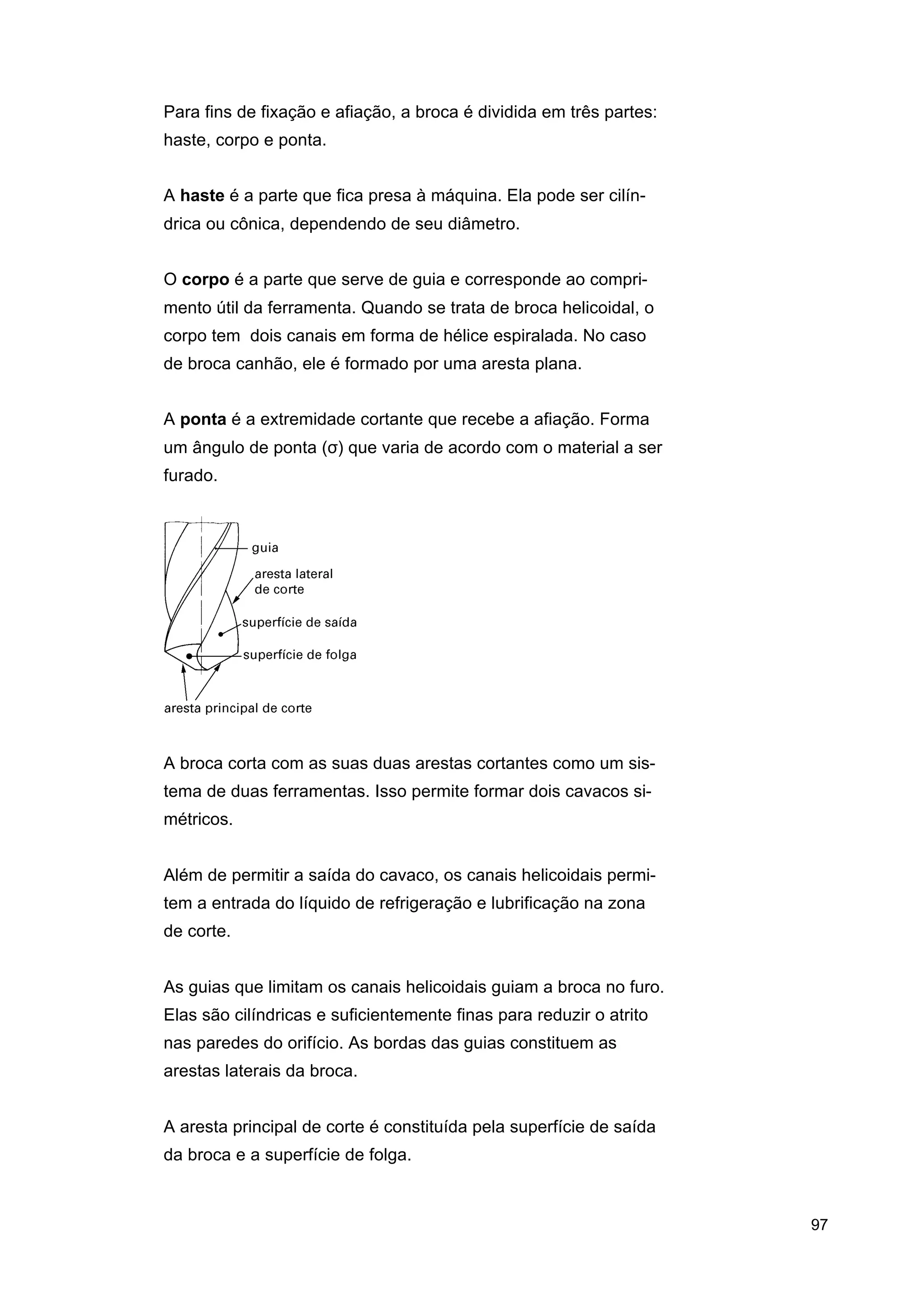Para fins de fixação e afiação, a broca é dividida em três partes:
haste, corpo e ponta.
A haste é a parte que fica presa à máquina. Ela pode ser cilíndrica ou cônica, dependendo de seu diâmetro.
O corpo é a parte que serve de guia e corresponde ao comprimento útil da ferramenta. Quando se trata de broca helicoidal, o
corpo tem dois canais em forma de hélice espiralada. No caso
de broca canhão, ele é formado por uma aresta plana.
A ponta é a extremidade cortante que recebe a afiação. Forma
um ângulo de ponta (σ) que varia de acordo com o material a ser
furado.

A broca corta com as suas duas arestas cortantes como um sistema de duas ferramentas. Isso permite formar dois cavacos simétricos.
Além de permitir a saída do cavaco, os canais helicoidais permitem a entrada do líquido de refrigeração e lubrificação na zona
de corte.
As guias que limitam os canais helicoidais guiam a broca no furo.
Elas são cilíndricas e suficientemente finas para reduzir o atrito
nas paredes do orifício. As bordas das guias constituem as
arestas laterais da broca.
A aresta principal de corte é constituída pela superfície de saída
da broca e a superfície de folga.

97

 