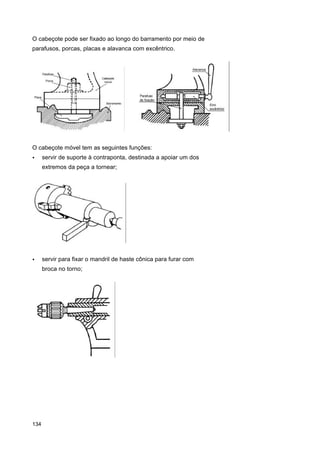O cabeçote pode ser fixado ao longo do barramento por meio de
parafusos, porcas, placas e alavanca com excêntrico.

O cabeçote móvel tem as seguintes funções:
•

servir de suporte à contraponta, destinada a apoiar um dos
extremos da peça a tornear;

•

servir para fixar o mandril de haste cônica para furar com
broca no torno;

134

 