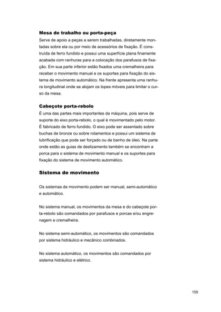 Mesa de trabalho ou porta-peça
Serve de apoio a peças a serem trabalhadas, diretamente montadas sobre ela ou por meio de acessórios de fixação. É construída de ferro fundido e possui uma superfície plana finamente
acabada com ranhuras para a colocação dos parafusos de fixação. Em sua parte inferior estão fixados uma cremalheira para
receber o movimento manual e os suportes para fixação do sistema de movimento automático. Na frente apresenta uma ranhura longitudinal onde se alojam os topes móveis para limitar o curso da mesa.

Cabeçote porta-rebolo
É uma das partes mais importantes da máquina, pois serve de
suporte do eixo porta-rebolo, o qual é movimentado pelo motor.
É fabricado de ferro fundido. O eixo pode ser assentado sobre
buchas de bronze ou sobre rolamentos e possui um sistema de
lubrificação que pode ser forçado ou de banho de óleo. Na parte
onde estão as guias de deslizamento também se encontram a
porca para o sistema de movimento manual e os suportes para
fixação do sistema de movimento automático.

Sistema de movimento
Os sistemas de movimento podem ser manual, semi-automático
e automático.
No sistema manual, os movimentos da mesa e do cabeçote porta-rebolo são comandados por parafusos e porcas e/ou engrenagem e cremalheira.
No sistema semi-automático, os movimentos são comandados
por sistema hidráulico e mecânico combinados.
No sistema automático, os movimentos são comandados por
sistema hidráulico e elétrico.

155

 