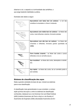 observar a cor, o aspecto e a luminosidade das centelhas, o
que exige bastante habilidade e prática.
Exemplos são dados a seguir.
Aço-carbono com baixo teor em carbono - a cor das
centelhas é amarelada e o feixe é moderado.

Aço-carbono com médio teor em carbono - os feixes são
curtos, mais brilhantes e abertos, formando estrelas.

Aço-carbono com alto teor em carbono - os feixes são
compridos e brilhantes, formando grande quantidade de
estrelas.

Ferro fundido cinzento - os feixes são curtos e pouco
brilhantes e de cor vermelho-escuro.
Aço inoxidável - os feixes são curtos, alaranjados e estrelados.

Aço rápido - os feixes são curtos, de cor vermelho pardo e
sem estrelas.

Sistema de classificação dos aços
Dada a grande variedade de tipos de aço, criaram-se sistemas
para a sua classificação.
A classificação mais generalizada é a que considera a composição química dos aços e, entre os sistemas de classificação
conhecidos, destacam-se o do American Iron and Steel Institute
(AISI) (Instituto Americano de Ferro e Aço) e o da Society of
Automotive de Engineers (SAE) (Sociedade Automotiva de En-

37

 