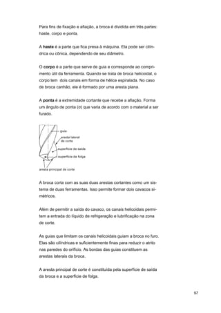 Para fins de fixação e afiação, a broca é dividida em três partes:
haste, corpo e ponta.
A haste é a parte que fica presa à máquina. Ela pode ser cilíndrica ou cônica, dependendo de seu diâmetro.
O corpo é a parte que serve de guia e corresponde ao comprimento útil da ferramenta. Quando se trata de broca helicoidal, o
corpo tem dois canais em forma de hélice espiralada. No caso
de broca canhão, ele é formado por uma aresta plana.
A ponta é a extremidade cortante que recebe a afiação. Forma
um ângulo de ponta (σ) que varia de acordo com o material a ser
furado.

A broca corta com as suas duas arestas cortantes como um sistema de duas ferramentas. Isso permite formar dois cavacos simétricos.
Além de permitir a saída do cavaco, os canais helicoidais permitem a entrada do líquido de refrigeração e lubrificação na zona
de corte.
As guias que limitam os canais helicoidais guiam a broca no furo.
Elas são cilíndricas e suficientemente finas para reduzir o atrito
nas paredes do orifício. As bordas das guias constituem as
arestas laterais da broca.
A aresta principal de corte é constituída pela superfície de saída
da broca e a superfície de folga.

97

 