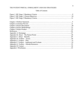 4
THE PATIENT PORTAL: ENROLLMENT AND USE STRATEGIES
Table of Contents
Figure 1: MU Stage 1 Mandatory Criteria ………………………………………………………..9
Figure 2: MU Stage 1 Chosen Objectives..………………………………………………………10
Figure 3: MU Stage 2 Mandatory Criteria.………………………………………………………11
Chapter 1 Problem Statement……………………………………………………………………..5
Chapter 2 Literature Review...……..……………………………………………………………..6
Chapter 3 Project Description……………………………………………………………………20
Chapter 4 Project Methodology…….……………………………………………………………21
Chapter 5 Project Product………………………………………………………………………..22
References…………………...…………………………………………………………………..24
Appendix A: Homepage……………………………………………………………………........27
Appendix B: About – The Patient Portal…...……………………………………………………28
Appendix C: About – Benefits……...………………………………………………...…………29
Appendix D: Toolbox – Assess……….…………………………………………………………30
Appendix E: Toolbox – Plan..……………………………………………………………………31
Appendix F: Toolbox – Implement and Evaluate………..………………………………………32
Appendix G: Toolbox – Outside Resources..……………………………………………………33
Appendix H: Contact.……………………………………………………………………………34
Appendix I: Wireframes…………………………………………………………………………35
 