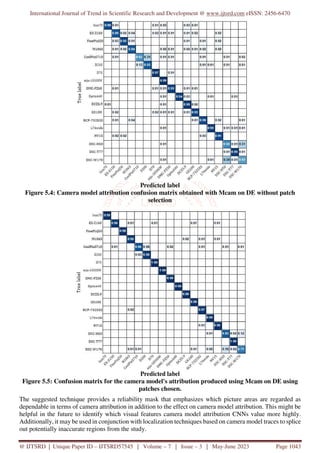 International Journal of Trend in Scientific Research and Development @ www.ijtsrd.com eISSN: 2456-6470
@ IJTSRD | Unique Paper ID – IJTSRD57545 | Volume – 7 | Issue – 3 | May-June 2023 Page 1043
Predicted label
Figure 5.4: Camera model attribution confusion matrix obtained with Mcam on DE without patch
selection
Predicted label
Figure 5.5: Confusion matrix for the camera model's attribution produced using Mcam on DE using
patches chosen.
The suggested technique provides a reliability mask that emphasizes which picture areas are regarded as
dependable in terms of camera attribution in addition to the effect on camera model attribution. This might be
helpful in the future to identify which visual features camera model attribution CNNs value more highly.
Additionally, it may be used in conjunction with localization techniques based on camera model traces to splice
out potentially inaccurate regions from the study.
 