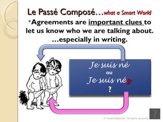 Le Passé Composé… what a Smart World Agreements are  important clues  to let us know who we are talking about.…especially in writing. © TowerOfBabble. All rights reserved. Je suis né  ou   Je suis né e   ? 