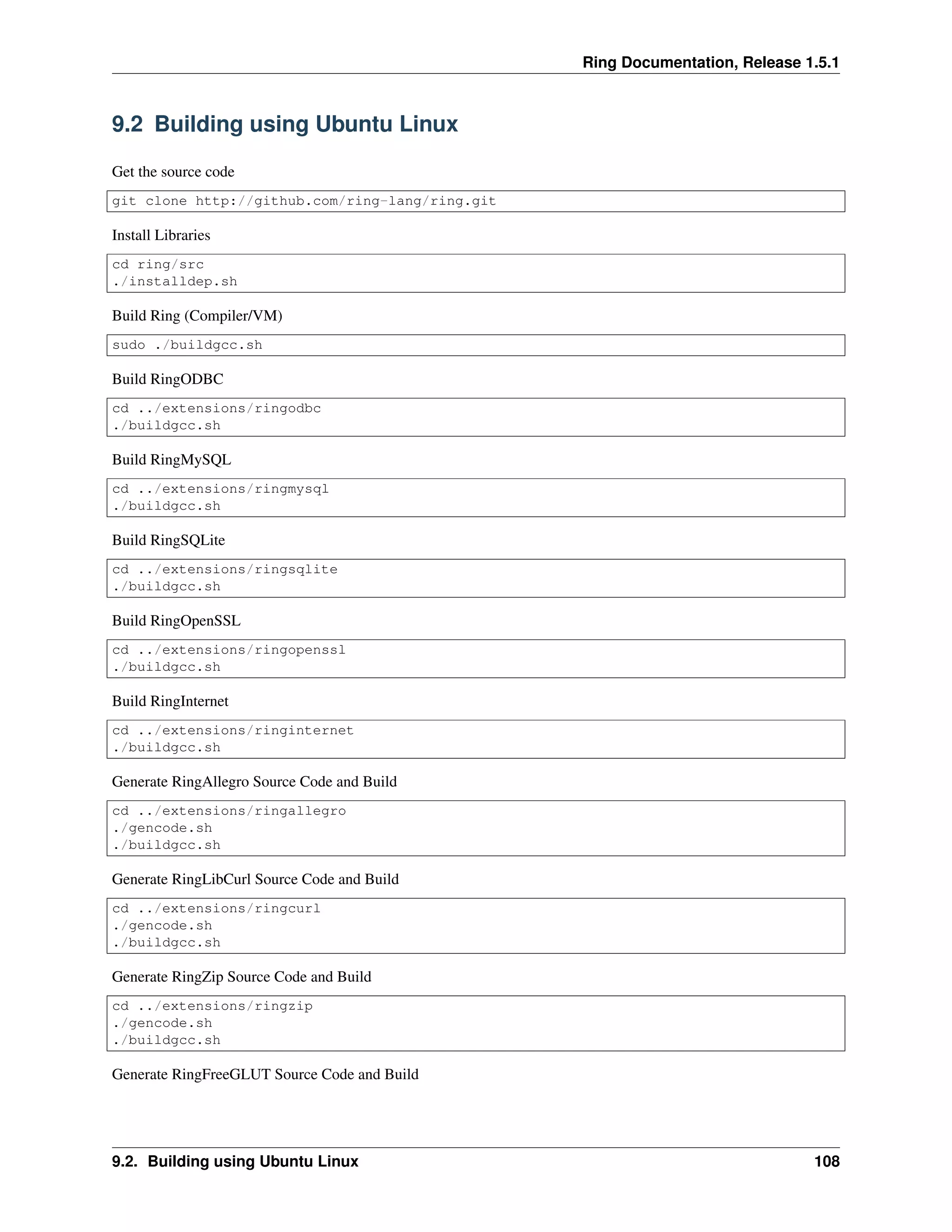 Ring Documentation, Release 1.5.1
9.2 Building using Ubuntu Linux
Get the source code
git clone http://github.com/ring-lang/ring.git
Install Libraries
cd ring/src
./installdep.sh
Build Ring (Compiler/VM)
sudo ./buildgcc.sh
Build RingODBC
cd ../extensions/ringodbc
./buildgcc.sh
Build RingMySQL
cd ../extensions/ringmysql
./buildgcc.sh
Build RingSQLite
cd ../extensions/ringsqlite
./buildgcc.sh
Build RingOpenSSL
cd ../extensions/ringopenssl
./buildgcc.sh
Build RingInternet
cd ../extensions/ringinternet
./buildgcc.sh
Generate RingAllegro Source Code and Build
cd ../extensions/ringallegro
./gencode.sh
./buildgcc.sh
Generate RingLibCurl Source Code and Build
cd ../extensions/ringcurl
./gencode.sh
./buildgcc.sh
Generate RingZip Source Code and Build
cd ../extensions/ringzip
./gencode.sh
./buildgcc.sh
Generate RingFreeGLUT Source Code and Build
9.2. Building using Ubuntu Linux 108
 