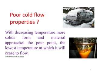 Poor cold flow
properties ?
With decreasing temperature more
solids
form
and
material
approaches the pour point, the
lowest temperature at which it will
cease to flow.
(Schumacher et al,1999)

7

 