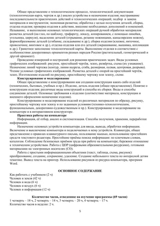 Общее представление о технологическом процессе, технологической документации
(технологическая карта, чертеж и др.) анализ устройства и назначения изделия; выстраивание
последовательности практических действий и технологических операций; подбор и замена
материалов и инструментов; экономная разметка; обработка с целью получения деталей, сборка,
отделка изделия; проверка изделия в действии, внесение необходимых дополнений и изменений.
Называние, и выполнение основных технологических операций ручной обработки материалов:
разметка деталей (на глаз, по шаблону, трафарету, лекалу, копированием, с помощью линейки,
угольника, циркуля), выделение деталей (отрывание, резание ножницами, канцелярским ножом),
формообразование деталей (сгибание, складывание и др.), сборка изделия (клеевое, ниточное,
проволочное, винтовое и др.), отделка изделия или его деталей (окрашивание, вышивка, аппликация
и др.). Грамотное заполнение технологической карты. Выполнение отделки в соответствии с
особенностями декоративных орнаментов разных народов России (растительный, геометрический и
другой орнамент).
Проведение измерений и построений для решения практических задач. Виды условных
графических изображений: рисунок, простейший чертёж, эскиз, развёртка, схема (их узнавание).
Назначение линий чертежа (контур, линии надреза, сгиба, размерная, осевая, центровая, разрыва).
Чтение условных графических изображений. Разметка деталей с опорой на простейший чертёж,
эскиз. Изготовление изделий по рисунку, простейшему чертежу или эскизу, схеме.
Конструирование и моделирование
Общее представление о конструировании как создании конструкции каких-либо изделий
(технических, бытовых, учебных и пр.). Изделие, деталь изделия (общее представление). Понятие о
конструкции изделия; различные виды конструкций и способы их сборки. Виды и способы
соединения деталей. Основные требования к изделию (соответствие материала, конструкции и
внешнего оформления назначению изделия).
Конструирование и моделирование изделий из различных материалов по образцу, рисунку,
простейшему чертежу или эскизу и по заданным условиям (технико-технологическим,
функциональным, декоративно-художественным и пр.). Конструирование и моделирование на
компьютере и в интерактивном конструкторе.
Практика работы на компьютере
Информация, её отбор, анализ и систематизация. Способы получения, хранения, переработки
информации.
Назначение основных устройств компьютера для ввода, вывода, обработки информации.
Включение и выключение компьютера и подключаемых к нему устройств. Клавиатура, общее
представление о правилах клавиатурного письма, пользование мышью, использование простейших
средств текстового редактора. Простейшие приёмы поиска информации: по ключевым словам,
каталогам. Соблюдение безопасных приёмов труда при работе на компьютере; бережное отношение
к техническим устройствам. Работа с ЦОР (цифровыми образовательными ресурсами), готовыми
материалами на электронных носителях (СО).
Работа с простыми информационными объектами (текст, таблица, схема, рисунок):
преобразование, создание, сохранение, удаление. Создание небольшого текста по интересной детям
тематике. Вывод текста на принтер. Использование рисунков из ресурса компьютера, программ
Word.
ОСНОВНОЕ СОДЕРЖАНИЕ
Как работать с учебником (2 ч)
Человек и земля (42 ч)
Человек и вода (6 ч)
Человек и воздух (6 ч)
Человек и информация (12 ч)
Количество часов, отведенное на изучение программы (69 часов)
1 четверть – 18 ч, 2 четверть – 14 ч, 3 четверть – 20 ч, 4 четверть – 17 ч.
Количество часов в неделю: 2 ч.
5

 