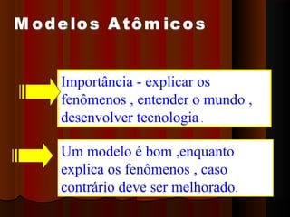 Importância - explicar os
fenômenos , entender o mundo ,
desenvolver tecnologia .

Um modelo é bom ,enquanto
explica os fenômenos , caso
contrário deve ser melhorado.
 
