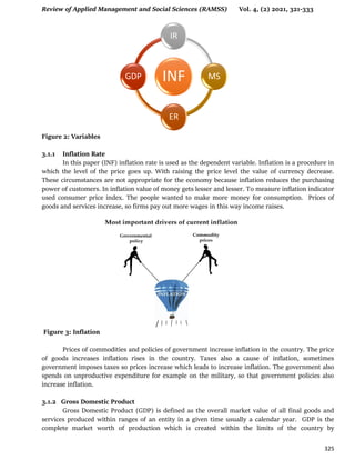 Review of Applied Management and Social Sciences (RAMSS) Vol. 4, (2) 2021, 321-333
325
Figure 2: Variables
3.1.1 Inflation Rate
In this paper (INF) inflation rate is used as the dependent variable. Inflation is a procedure in
which the level of the price goes up. With raising the price level the value of currency decrease.
These circumstances are not appropriate for the economy because inflation reduces the purchasing
power of customers. In inflation value of money gets lesser and lesser. To measure inflation indicator
used consumer price index. The people wanted to make more money for consumption. Prices of
goods and services increase, so firms pay out more wages in this way income raises.
Figure 3: Inflation
Prices of commodities and policies of government increase inflation in the country. The price
of goods increases inflation rises in the country. Taxes also a cause of inflation, sometimes
government imposes taxes so prices increase which leads to increase inflation. The government also
spends on unproductive expenditure for example on the military, so that government policies also
increase inflation.
3.1.2 Gross Domestic Product
Gross Domestic Product (GDP) is defined as the overall market value of all final goods and
services produced within ranges of an entity in a given time usually a calendar year. GDP is the
complete market worth of production which is created within the limits of the country by
INF
IR
MS
ER
GDP
 