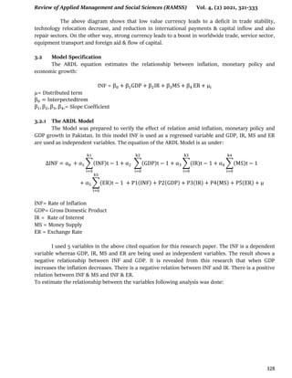Review of Applied Management and Social Sciences (RAMSS) Vol. 4, (2) 2021, 321-333
328
The above diagram shows that low value currency leads to a deficit in trade stability,
technology relocation decrease, and reduction in international payments & capital inflow and also
repair sectors. On the other way, strong currency leads to a boost in worldwide trade, service sector,
equipment transport and foreign aid & flow of capital.
3.2 Model Specification
The ARDL equation estimates the relationship between inflation, monetary policy and
economic growth:
INF =
µ= Distributed term
= Slope Coefficient
3.2.1 The ARDL Model
The Model was prepared to verify the effect of relation amid inflation, monetary policy and
GDP growth in Pakistan. In this model INF is used as a regressed variable and GDP, IR, MS and ER
are used as independent variables. The equation of the ARDL Model is as under:
∑( ) ∑( ) ∑( ) ∑( )
∑( ) ( ) ( ) ( ) ( ) ( )
INF= Rate of Inflation
GDP= Gross Domestic Product
IR = Rate of Interest
MS = Money Supply
ER = Exchange Rate
I used 5 variables in the above cited equation for this research paper. The INF is a dependent
variable whereas GDP, IR, MS and ER are being used as independent variables. The result shows a
negative relationship between INF and GDP. It is revealed from this research that when GDP
increases the inflation decreases. There is a negative relation between INF and IR. There is a positive
relation between INF & MS and INF & ER.
To estimate the relationship between the variables following analysis was done:
 