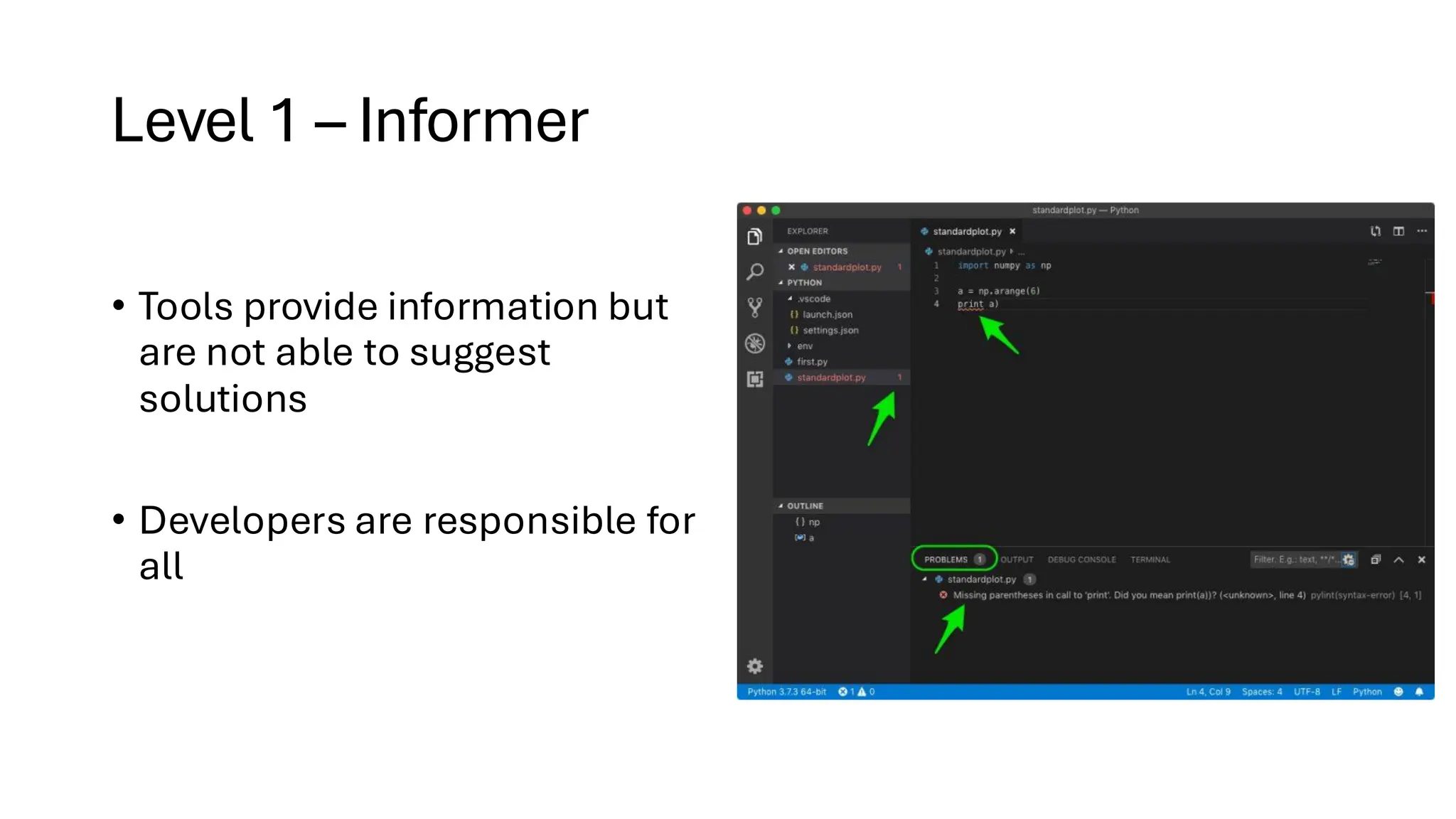 Level 1 – Informer
• Tools provide information but
are not able to suggest
solutions
• Developers are responsible for
all
 