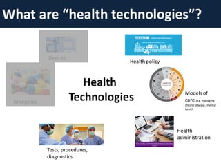 What are “health technologies”?
Medicines
Modelsof
care, e.g. managing
chronic disease, mental
health
Tests, procedures,
diagnostics
Health
administration
Health policy
Devices
Health
Technologies
 