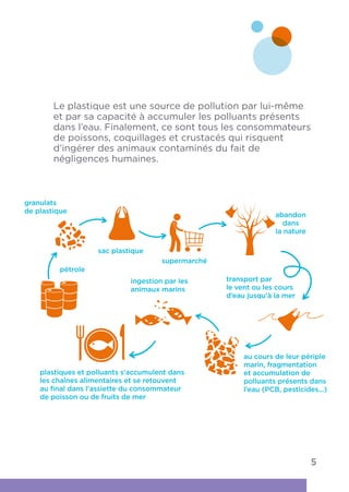 pétrole
granulats
de plastique
sac plastique
supermarché
abandon
dans
la nature
transport par
le vent ou les cours
d’eau jusqu’à la mer
au cours de leur périple
marin, fragmentation
et accumulation de
polluants présents dans
l’eau (PCB, pesticides...)
ingestion par les
animaux marins
plastiques et polluants s'accumulent dans
les chaînes alimentaires et se retouvent
au final dans l'assiette du consommateur
de poisson ou de fruits de mer
Le plastique est une source de pollution par lui-même
et par sa capacité à accumuler les polluants présents
dans l’eau. Finalement, ce sont tous les consommateurs
de poissons, coquillages et crustacés qui risquent
d’ingérer des animaux contaminés du fait de
négligences humaines.
5
 