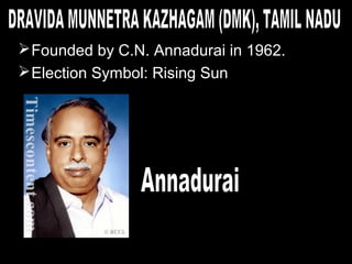  Founded by C.N. Annadurai in 1962.
 Election Symbol: Rising Sun

 