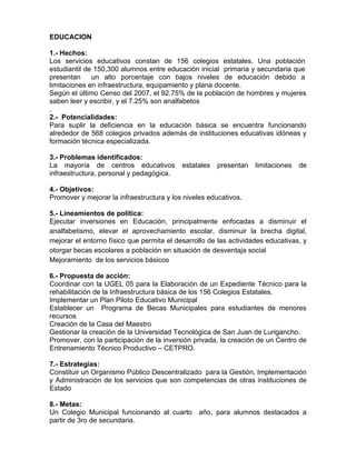EDUCACION
1.- Hechos:
Los servicios educativos constan de 156 colegios estatales. Una población
estudiantil de 150,300 alumnos entre educación inicial primaria y secundaria que
presentan un alto porcentaje con bajos niveles de educación debido a
limitaciones en infraestructura, equipamiento y plana docente.
Según el último Censo del 2007, el 92.75% de la población de hombres y mujeres
saben leer y escribir, y el 7.25% son analfabetos
.
2.- Potencialidades:
Para suplir la deficiencia en la educación básica se encuentra funcionando
alrededor de 568 colegios privados además de instituciones educativas idóneas y
formación técnica especializada.
3.- Problemas identificados:
La mayoría de centros educativos estatales presentan limitaciones de
infraestructura, personal y pedagógica.
4.- Objetivos:
Promover y mejorar la infraestructura y los niveles educativos.
5.- Lineamientos de política:
Ejecutar inversiones en Educación, principalmente enfocadas a disminuir el
analfabetismo, elevar el aprovechamiento escolar, disminuir la brecha digital,
mejorar el entorno físico que permita el desarrollo de las actividades educativas, y
otorgar becas escolares a población en situación de desventaja social
Mejoramiento de los servicios básicos
6.- Propuesta de acción:
Coordinar con la UGEL 05 para la Elaboración de un Expediente Técnico para la
rehabilitación de la Infraestructura básica de los 156 Colegios Estatales.
Implementar un Plan Piloto Educativo Municipal
Establecer un Programa de Becas Municipales para estudiantes de menores
recursos
Creación de la Casa del Maestro
Gestionar la creación de la Universidad Tecnológica de San Juan de Lurigancho.
Promover, con la participación de la inversión privada, la creación de un Centro de
Entrenamiento Técnico Productivo – CETPRO.
7.- Estrategias:
Constituir un Organismo Público Descentralizado para la Gestión, Implementación
y Administración de los servicios que son competencias de otras instituciones de
Estado
8.- Metas:
Un Colegio Municipal funcionando al cuarto año, para alumnos destacados a
partir de 3ro de secundaria.
 