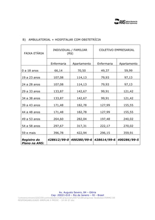 B)   AMBULATORIAL + HOSPITALAR COM OBSTETRÍCIA


                               INDIVIDUAL./ FAMILIAR                    COLETIVO EMPRESARIAL
     FAIXA ETÁRIA                      (R$)


                             Enfermaria         Apartamento            Enfermaria         Apartamento

   0 a 18 anos                  66,14                70,50                49,37              59,99

   19 a 23 anos                107,08               114,13                79,93              97,13

   24 a 28 anos                107,08               114,13                79,93              97,13

   29 a 33 anos                133,87               142,67                99,91             121,42

   34 a 38 anos                133,87               142,67                99,91             121,42

   39 a 43 anos                171,48               182,78               127,99             155,55

   44 a 48 anos                171,48               182,78               127,99             155,55

   49 a 53 anos                264,60               282,04               197,48             240,02

   54 a 58 anos                297,67               317,31               222,17             270,02

   59 e mais                   396,78               422,94               296,15             359,91

   Registro do            428612/99-0 400280/99-6 428614/99-6 400286/99-5
   Plano na ANS:




                                   Av. Augusto Severo, 84 – Glória
                             Cep: 20021-010 – Rio de Janeiro – RJ - Brasil
intransintransGGCOScontrolejobsmdbarquivos20070186arquivos recebidosTERMO DE
RESPONSABILIDADE AMEPLAN X MEDIC - 18 04 07.doc
 