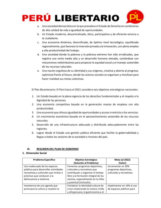 a. Una sociedad democrática en la que prevalece el Estado de Derecho en condiciones
de alta calidad de vida e igualdad de oportunidades.
b. Un Estado moderno, descentralizado, ético, participativo y de eficiente servicio a
la ciudadanía.
c. Una economía dinámica, diversificada, de óptimo nivel tecnológico, equilibrada
regionalmente, que favorece la inversión privada y la innovación, con pleno empleo
y alta productividad del trabajo.
d. Una sociedad donde la pobreza y la pobreza extrema han sido erradicadas, que
registra una renta media alta y un desarrollo humano elevado, contándose con
mecanismos redistributivos para propiciar la equidad social y el manejo sostenible
de los recursos naturales.
e. Una nación orgullosa de su identidad y sus orígenes, creativa y abierta al progreso,
optimista frente al futuro, donde los actores sociales se organizan y movilizan para
hacer realidad sus metas colectivas.
El Plan Bicentenario: El Perú hacia el 2021 considera seis objetivos estratégicos nacionales:
1. Un Estado basado en la plena vigencia de los derechos fundamentales y el respeto a la
dignidad de las personas.
2. Una economía competitiva basada en la generación masiva de empleos con alta
productividad.
3. Una economía que ofrezca igualdad de oportunidades y acceso irrestricto a los servicios.
4. Un crecimiento económico basado en el aprovechamiento sostenible de los recursos
naturales.
5. Desarrollo de una infraestructura adecuada y distribuida adecuadamente entre las
regiones.
6. Lograr desde el Estado una gestión pública eficiente que facilite la gobernabilidad y
llegue a todos los sectores de la sociedad y rincones del país.
III. RESUMEN DEL PLAN DE GOBIERNO
1. Dimensión Social
Problema Específico Objetivo Estratégico
(Solución al Problema)
Meta (al 2022)
(Valor)
Uso inadecuado de los espacios
públicos para desarrollar actividades
recreativas y culturales que incitan a
prácticas que conducen a la
delincuencia y violencia
Fomentar programas deportivos,
culturales y recreativos que
contribuyan a organizar el tiempo
libre y la formación integral de los
vecinos, especialmente en la niñez
y juventud (inclusión).
Incrementar en 20%
programas deportivos,
culturales y recreativos.
Inexistencia de una agenda que
promueva la cultura y revalore la
Fortalecer la identidad cultural de
Lince revalorando la música criolla
y afroperuana, la gastronomía y el
Implementar en 10% el uso
de espacios públicos para
 