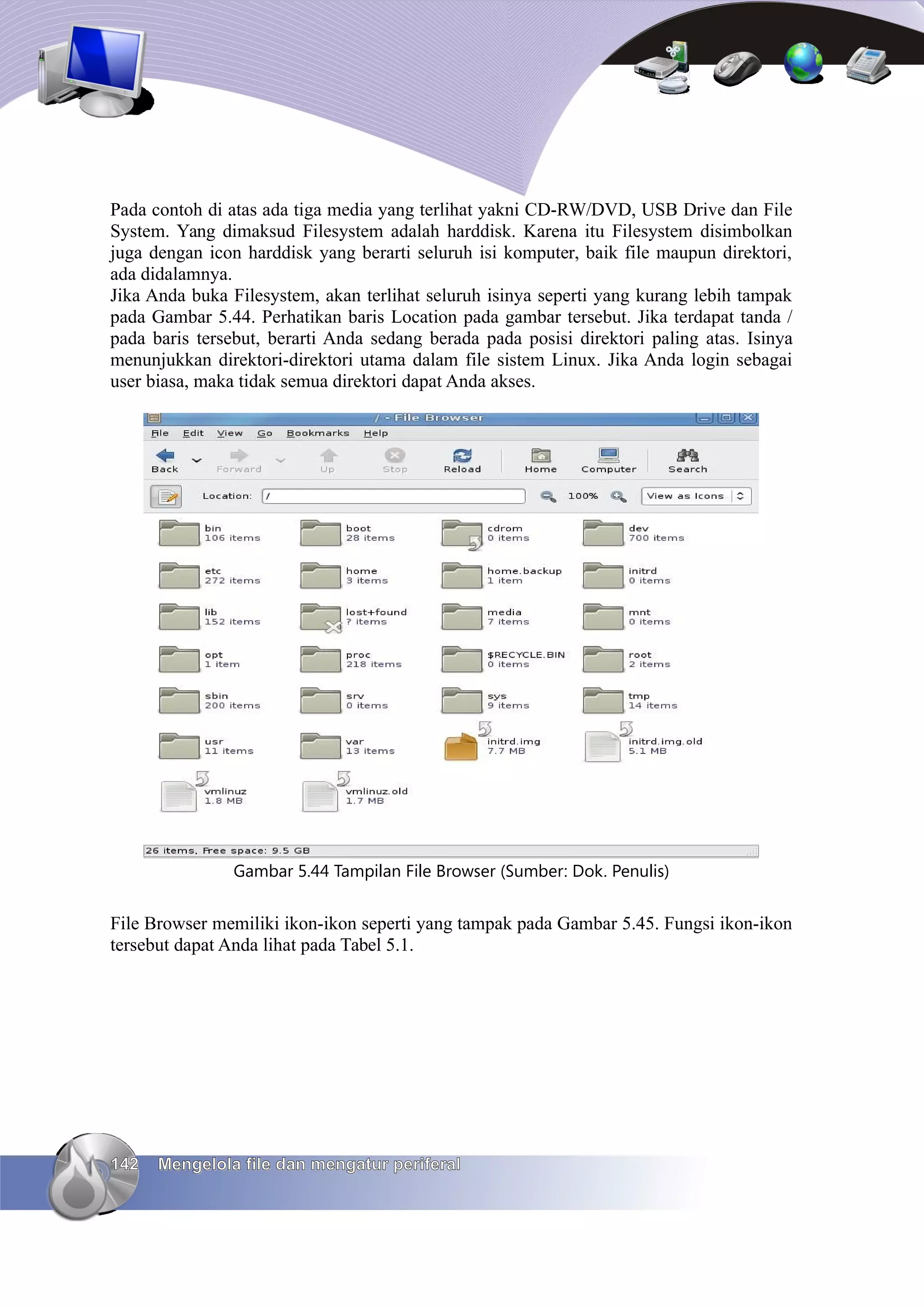 Pada contoh di atas ada tiga media yang terlihat yakni CD-RW/DVD, USB Drive dan File
System. Yang dimaksud Filesystem adalah harddisk. Karena itu Filesystem disimbolkan
juga dengan icon harddisk yang berarti seluruh isi komputer, baik file maupun direktori,
ada didalamnya.
Jika Anda buka Filesystem, akan terlihat seluruh isinya seperti yang kurang lebih tampak
pada Gambar 5.44. Perhatikan baris Location pada gambar tersebut. Jika terdapat tanda /
pada baris tersebut, berarti Anda sedang berada pada posisi direktori paling atas. Isinya
menunjukkan direktori-direktori utama dalam file sistem Linux. Jika Anda login sebagai
user biasa, maka tidak semua direktori dapat Anda akses.




                Gambar 5.44 Tampilan File Browser (Sumber: Dok. Penulis)


File Browser memiliki ikon-ikon seperti yang tampak pada Gambar 5.45. Fungsi ikon-ikon
tersebut dapat Anda lihat pada Tabel 5.1.




142   Mengelola file dan mengatur periferal
 