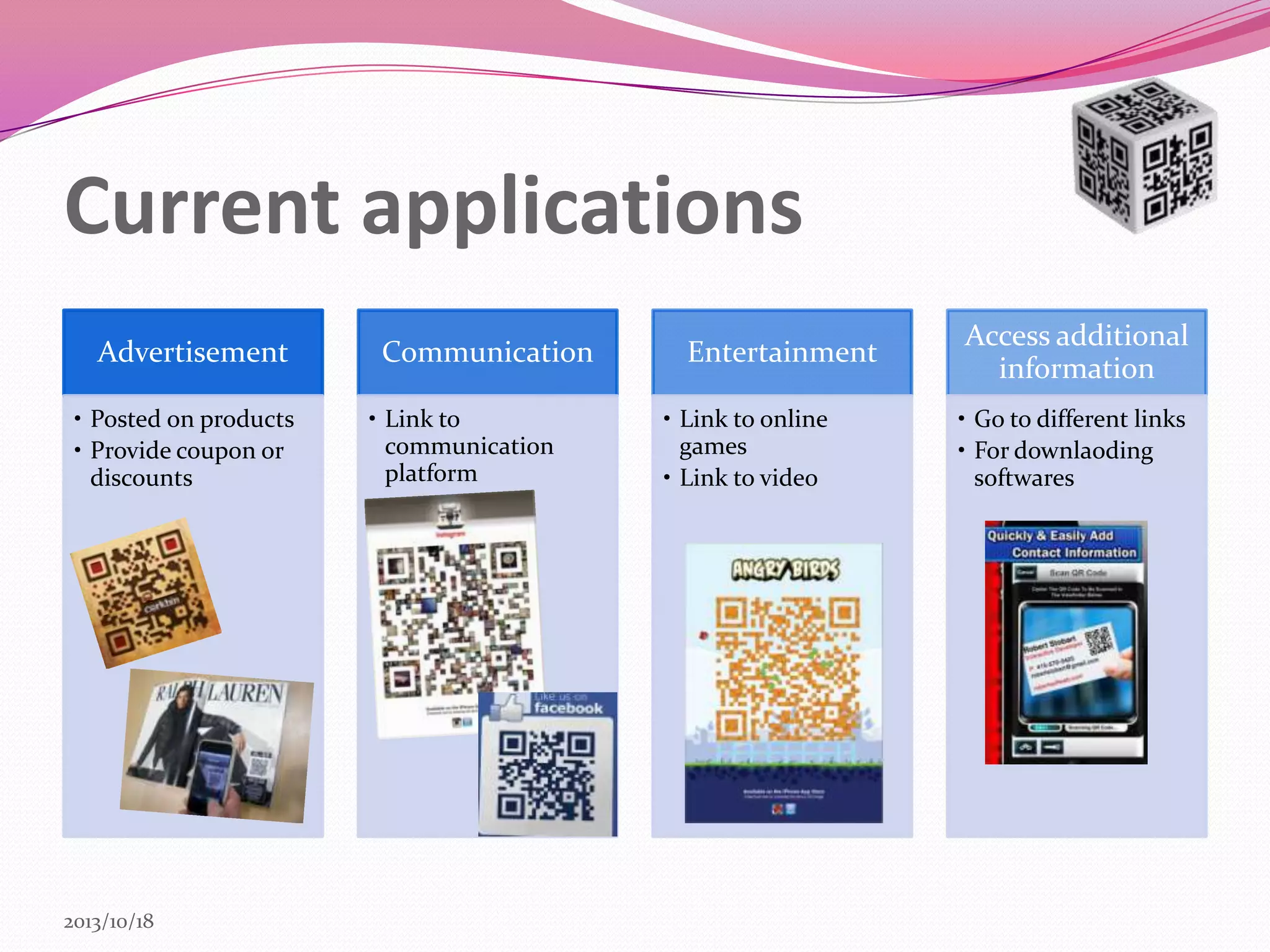 Current applications
Advertisement
• Posted on products
• Provide coupon or
discounts

2013/10/18

Communication
• Link to
communication
platform

Entertainment
• Link to online
games
• Link to video

Access additional
information
• Go to different links
• For downlaoding
softwares

 