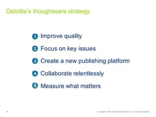 19 Copyright  ©  2015   Deloitte  Development   LLC.  All  rights  reserved.
Deloitte’s  thoughtware  strategy
Improve  quality
Focus  on  key  issues
Create  a  new  publishing  platform
Collaborate  relentlessly
Measure  what  matters
1
2
3
4
5
 