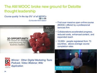 Copyright  ©  2015  Deloitte  Development  LLC.  All  rights  reserved.34
The  AM  MOOC  broke  new  ground  for  Deloitte  
thought  leadership
• First  ever massive  open  online  course  
(MOOC)  offered  by  a  professional  
services  firm
• Collaborations  accelerated  progress,  
reduced  costs,  enhanced  content,  and  
expanded  reach
• 12,000+    people  registered  from  73  
countries;;    above  average  course  
completion  rates
Course  quality  “in  the  top  5%”  of  all  MOOCs
Co-­founder  Amin  Saberi
Winner:    Other  Digital  Marketing  Tools  
Podcast,  Video  Webinar,  Wiki  
Application
 