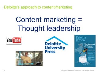 6 Copyright  ©  2015   Deloitte  Development   LLC.  All  rights  reserved.
Deloitte’s  approach  to  content  marketing
Content  marketing  =  
Thought  leadership
 