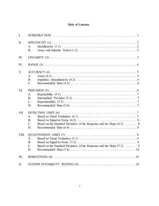 Table of Contents
I. INTRODUCTION . . . . . . . . . . . . . . . . . . . . . . . . . . . . . . . . . . . . . . . . . . . . . . . . . . . . . 1
II. SPECIFICITY (1) . . . . . . . . . . . . . . . . . . . . . . . . . . . . . . . . . . . . . . . . . . . . . . . . . . . . . 2
A. Identification (1.1) . . . . . . . . . . . . . . . . . . . . . . . . . . . . . . . . . . . . . . . . . . . . . . . 2
B. Assay and Impurity Test(s) (1.2) . . . . . . . . . . . . . . . . . . . . . . . . . . . . . . . . . . . . . 2
III. LINEARITY (2) . . . . . . . . . . . . . . . . . . . . . . . . . . . . . . . . . . . . . . . . . . . . . . . . . . . . . . 3
IV. RANGE (3) . . . . . . . . . . . . . . . . . . . . . . . . . . . . . . . . . . . . . . . . . . . . . . . . . . . . . . . . . . 4
V. ACCURACY (4) . . . . . . . . . . . . . . . . . . . . . . . . . . . . . . . . . . . . . . . . . . . . . . . . . . . . . . 5
A. Assay (4.1) . . . . . . . . . . . . . . . . . . . . . . . . . . . . . . . . . . . . . . . . . . . . . . . . . . . . . 5
B. Impurities (Quantitation) (4.2) . . . . . . . . . . . . . . . . . . . . . . . . . . . . . . . . . . . . . . 6
C. Recommended Data (4.3) . . . . . . . . . . . . . . . . . . . . . . . . . . . . . . . . . . . . . . . . . . 6
VI. PRECISION (5) . . . . . . . . . . . . . . . . . . . . . . . . . . . . . . . . . . . . . . . . . . . . . . . . . . . . . . . 6
A. Repeatability (5.1) . . . . . . . . . . . . . . . . . . . . . . . . . . . . . . . . . . . . . . . . . . . . . . . 7
B. Intermediate Precision (5.2) . . . . . . . . . . . . . . . . . . . . . . . . . . . . . . . . . . . . . . . . 7
C. Reproducibility (5.3) . . . . . . . . . . . . . . . . . . . . . . . . . . . . . . . . . . . . . . . . . . . . . . 7
D. Recommended Data (5.4) . . . . . . . . . . . . . . . . . . . . . . . . . . . . . . . . . . . . . . . . . . 7
VII. DETECTION LIMIT (6) . . . . . . . . . . . . . . . . . . . . . . . . . . . . . . . . . . . . . . . . . . . . . . . . 7
A. Based on Visual Evaluation (6.1) . . . . . . . . . . . . . . . . . . . . . . . . . . . . . . . . . . . . 7
B. Based on Signal-to-Noise (6.2) . . . . . . . . . . . . . . . . . . . . . . . . . . . . . . . . . . . . . . 8
C. Based on the Standard Deviation of the Response and the Slope (6.3) . . . . . . . . 8
D. Recommended Data (6.4) . . . . . . . . . . . . . . . . . . . . . . . . . . . . . . . . . . . . . . . . . . 8
VIII. QUANTITATION LIMIT (7) . . . . . . . . . . . . . . . . . . . . . . . . . . . . . . . . . . . . . . . . . . . . 8
A. Based on Visual Evaluation (7.1) . . . . . . . . . . . . . . . . . . . . . . . . . . . . . . . . . . . . 9
B. Based on Signal-to-Noise (7.2) . . . . . . . . . . . . . . . . . . . . . . . . . . . . . . . . . . . . . . 9
C. Based on the Standard Deviation of the Response and the Slope (7.3) . . . . . . . . 9
D. Recommended Data (7.4) . . . . . . . . . . . . . . . . . . . . . . . . . . . . . . . . . . . . . . . . . 10
IX. ROBUSTNESS (8) . . . . . . . . . . . . . . . . . . . . . . . . . . . . . . . . . . . . . . . . . . . . . . . . . . . 10
X. SYSTEM SUITABILITY TESTING (9) . . . . . . . . . . . . . . . . . . . . . . . . . . . . . . . . . . . 10
i
 
