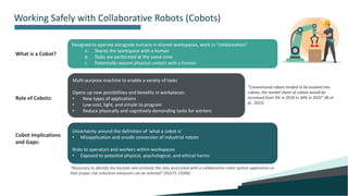 4
Working Safely with Collaborative Robots (Cobots)
Designed to operate alongside humans in shared workspaces, work in “collaboration”
a. Shares the workspace with a human
b. Tasks are performed at the same time
c. Potentially require physical contact with a human
Uncertainty around the definition of ‘what a cobot is’
• Misapplication and unsafe conversion of industrial robots
Risks to operators and workers within workspaces
• Exposed to potential physical, psychological, and ethical harms
“Necessary to identify the hazards and estimate the risks associated with a collaborative robot system application so
that proper risk reduction measures can be selected” (ISO/TS 15066)
Multi-purpose machine to enable a variety of tasks
Opens up new possibilities and benefits in workplaces:
• New types of applications
• Low-cost, light, and simple to program
• Reduce physically and cognitively demanding tasks for workers
“Conventional robots tended to be evolved into
cobots; the market share of cobots would be
increased from 3% in 2018 to 34% in 2025” (Bi et
al., 2021)
What is a Cobot?
Role of Cobots:
Cobot Implications
and Gaps:
 