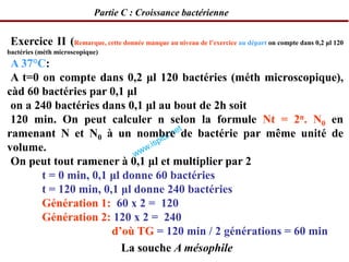 Partie C : Croissance bactérienne
Exercice II (Remarque, cette donnée manque au niveau de l’exercice au départ on compte dans 0,2 μl 120
bactéries (méth microscopique)
A 37°C:
A t=0 on compte dans 0,2 μl 120 bactéries (méth microscopique),
càd 60 bactéries par 0,1 μl
on a 240 bactéries dans 0,1 μl au bout de 2h soit
120 min. On peut calculer n selon la formule Nt = 2n. N0 en
ramenant N et N0 à un nombre de bactérie par même unité de
volume.
On peut tout ramener à 0,1 μl et multiplier par 2
t = 0 min, 0,1 μl donne 60 bactéries
t = 120 min, 0,1 μl donne 240 bactéries
Génération 1: 60 x 2 = 120
Génération 2: 120 x 2 = 240
d’où TG = 120 min / 2 générations = 60 min
La souche A mésophile
 