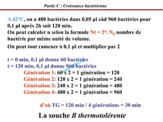 A 42°C, on a 480 bactéries dans 0,05 μl càd 960 bactéries pour
0,1 μl après 2h soit 120 min.
On peut calculer n selon la formule Nt = 2n. N0 nombre de
bactérie par même unité de volume.
On peut tout ramener à 0,1 μl et multiplier par 2
t = 0 min, 0,1 μl donne 60 bactéries
t = 120 min, 0,1 μl donne 960 bactéries
Génération 1: 60 x 2 = 1 génération = 120
Génération 2: 120 x 2 = 1 génération = 240
Génération 3: 240 x 2 = 1 génération = 480
Génération 4: 480 x 2 = 1 génération = 960
d’où TG = 120 min / 4 générations = 30 min
La souche B thermotolérente
Partie C : Croissance bactérienne
 